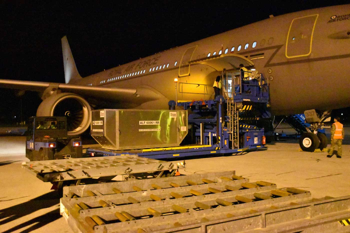 Royal Air Force Voyager A330-200 aircraft unloading cargo at Sarajevo Airport