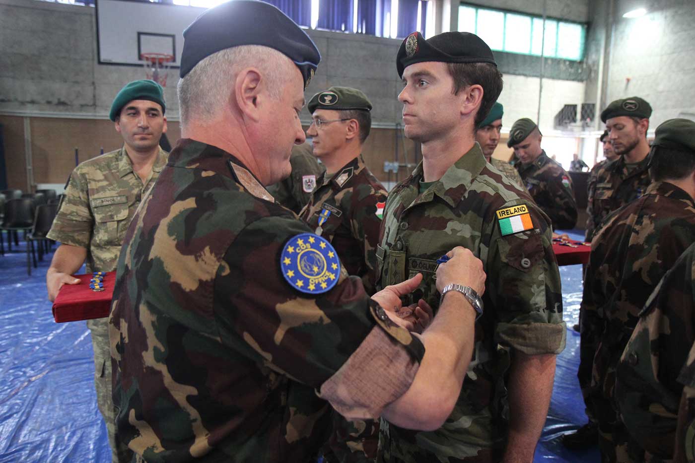 Chief of Staff (COS) of EUFOR, Brigadier General Albert Sáfár presenting OP ALTHEA EUFOR Medal to Captain Gary Holohan Irish Army.